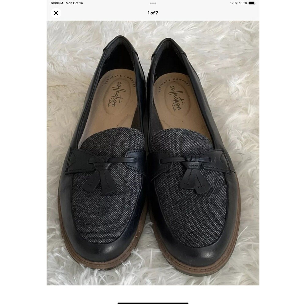 Clarks Womans Raisie Foster Leather Loafers Womens 8.5 Black Slip On Loafers